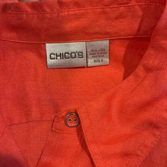 Chico's Top Linen Button Up Women's Size 3 (XL) Calypso Coral Sleeve Roll Tabs - Picture 4 of 7